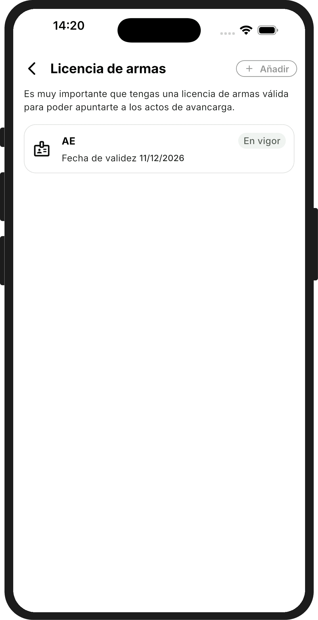 Licencia de armas registrada en la app, en vigor y con su fecha de validez