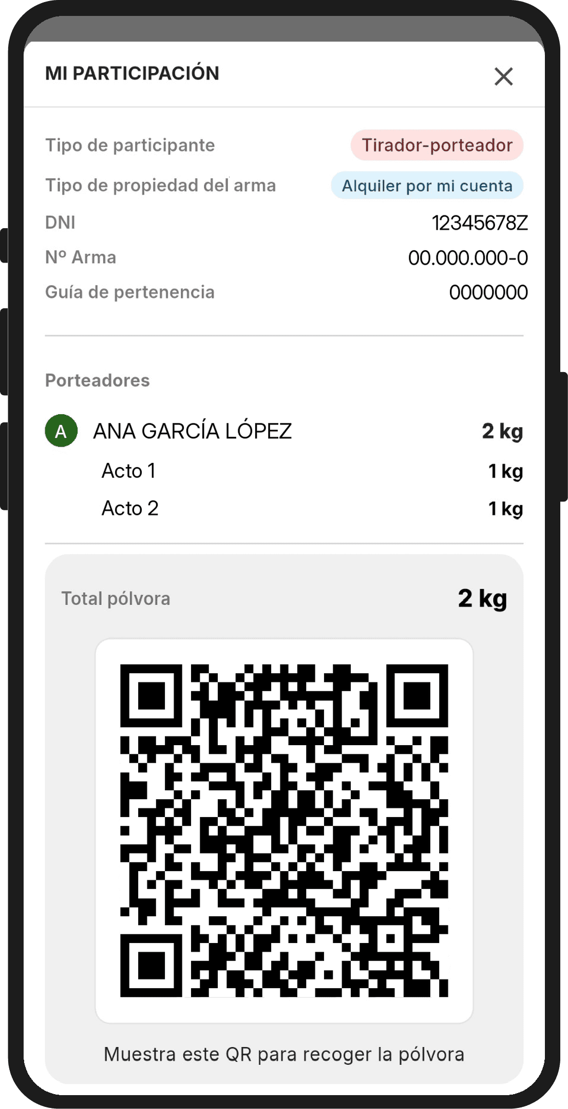 Mi participación con los datos del arma, los porteadores con sus kilos y el código QR