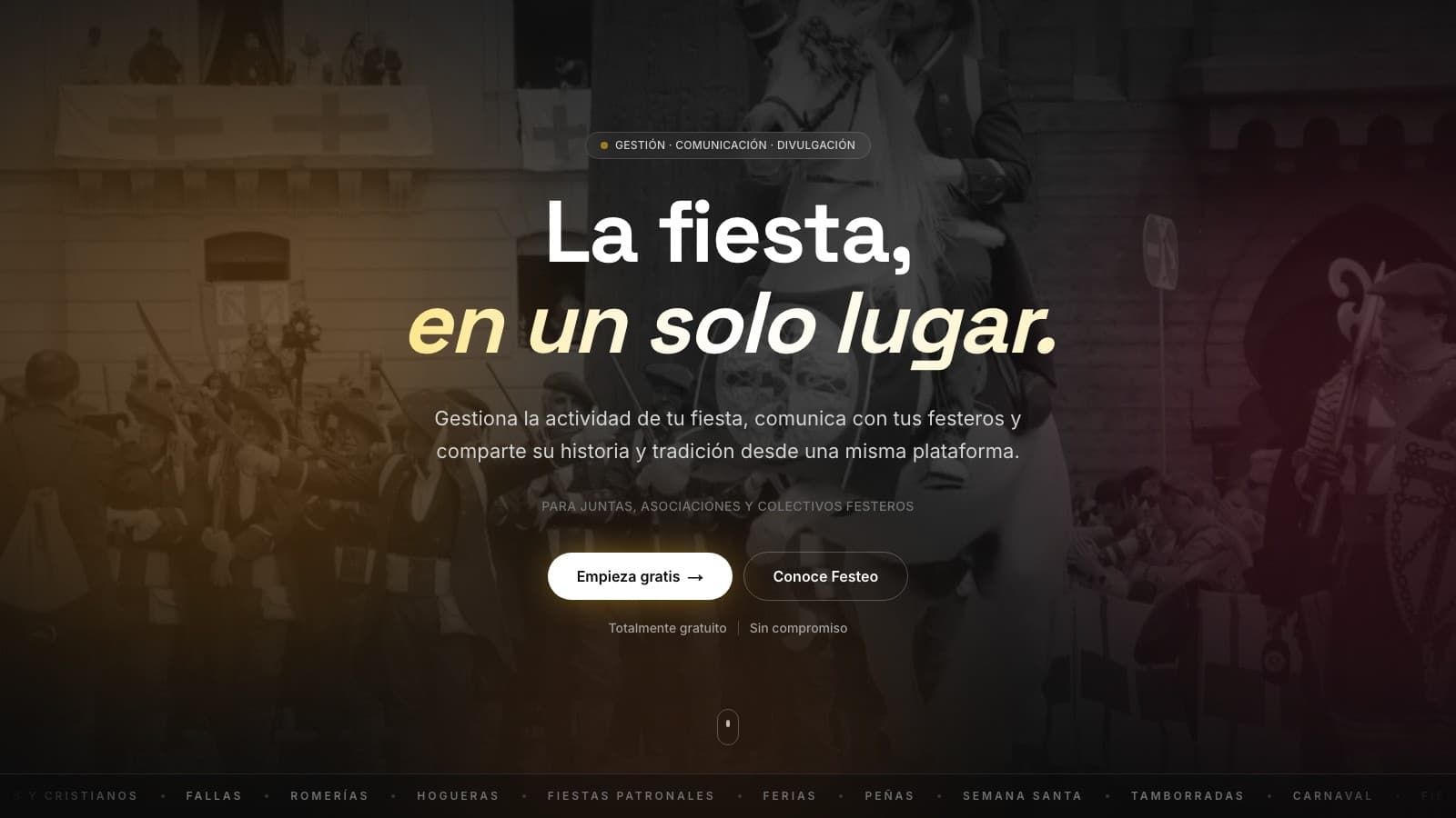 La fiesta, en un solo lugar: portada de la web de Festeo sobre una fotografía de un desfile de Moros y Cristianos