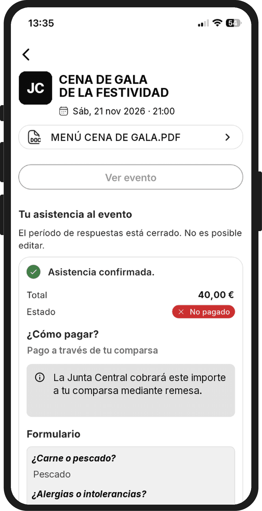 Evento Cena de Gala en la app con la asistencia confirmada y el importe a pagar