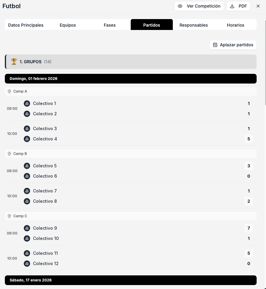 Partidos de la fase de grupos agrupados por día y por pista, con la hora, los equipos y el marcador