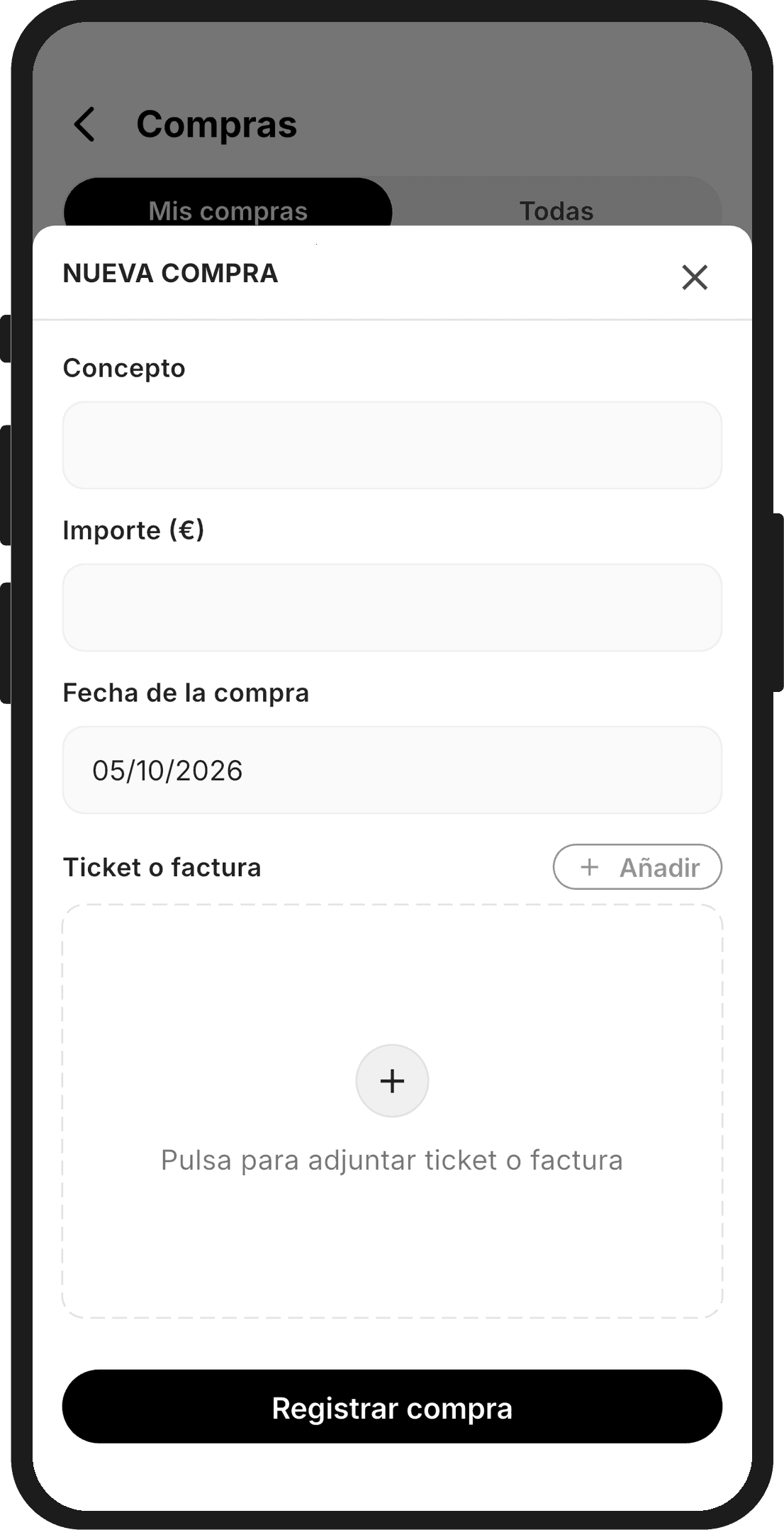 Nueva compra en la app con el concepto, el importe, la fecha y el espacio para adjuntar el ticket o la factura