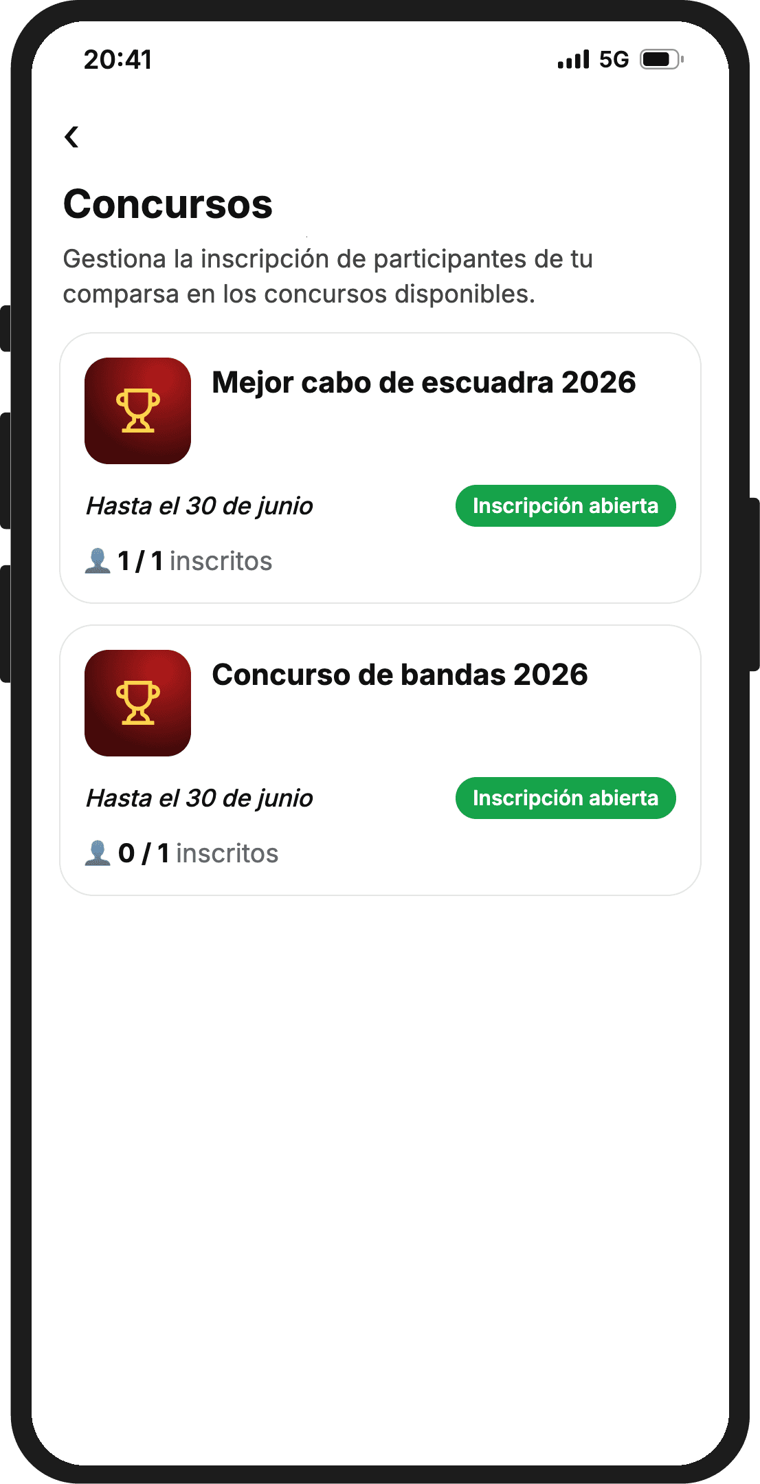 Concursos de la comparsa en la app, con la inscripción abierta y los inscritos sobre el máximo