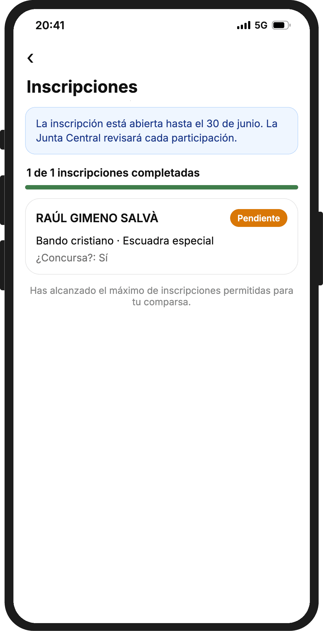 Inscripción de Raúl en la app, en el Bando cristiano, pendiente de revisión por la Junta Central