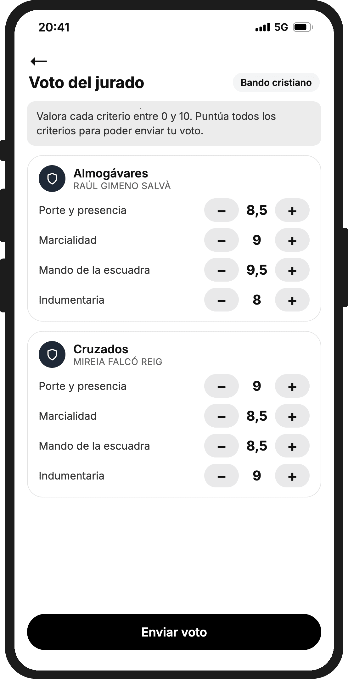 Voto del jurado en la app: cada cabo con los criterios porte y presencia, marcialidad, mando de la escuadra e indumentaria, puntuados de 0 a 10