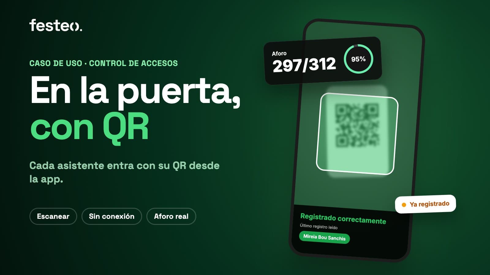 Portada: Control de accesos con QR. El escáner de la app con el marco en verde, el aviso Registrado correctamente y el aforo del evento subiendo