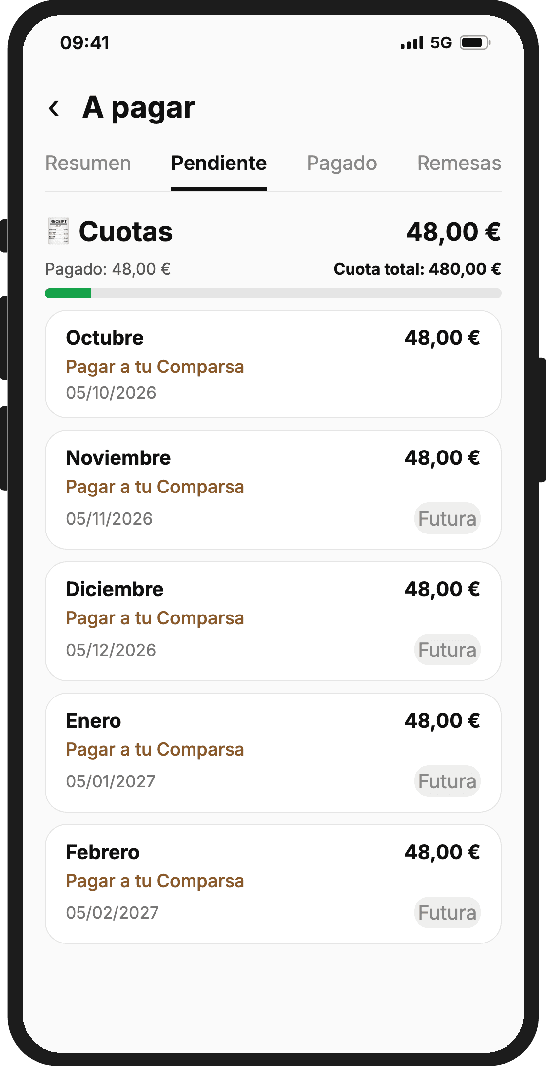 Pantalla A pagar de la app: la tarjeta Cuotas con 48 € pendientes, 48 € pagados de una cuota total de 480 € y una barra de progreso; debajo, cada plazo con su importe y su fecha, y la etiqueta Futura en los que aún no han llegado