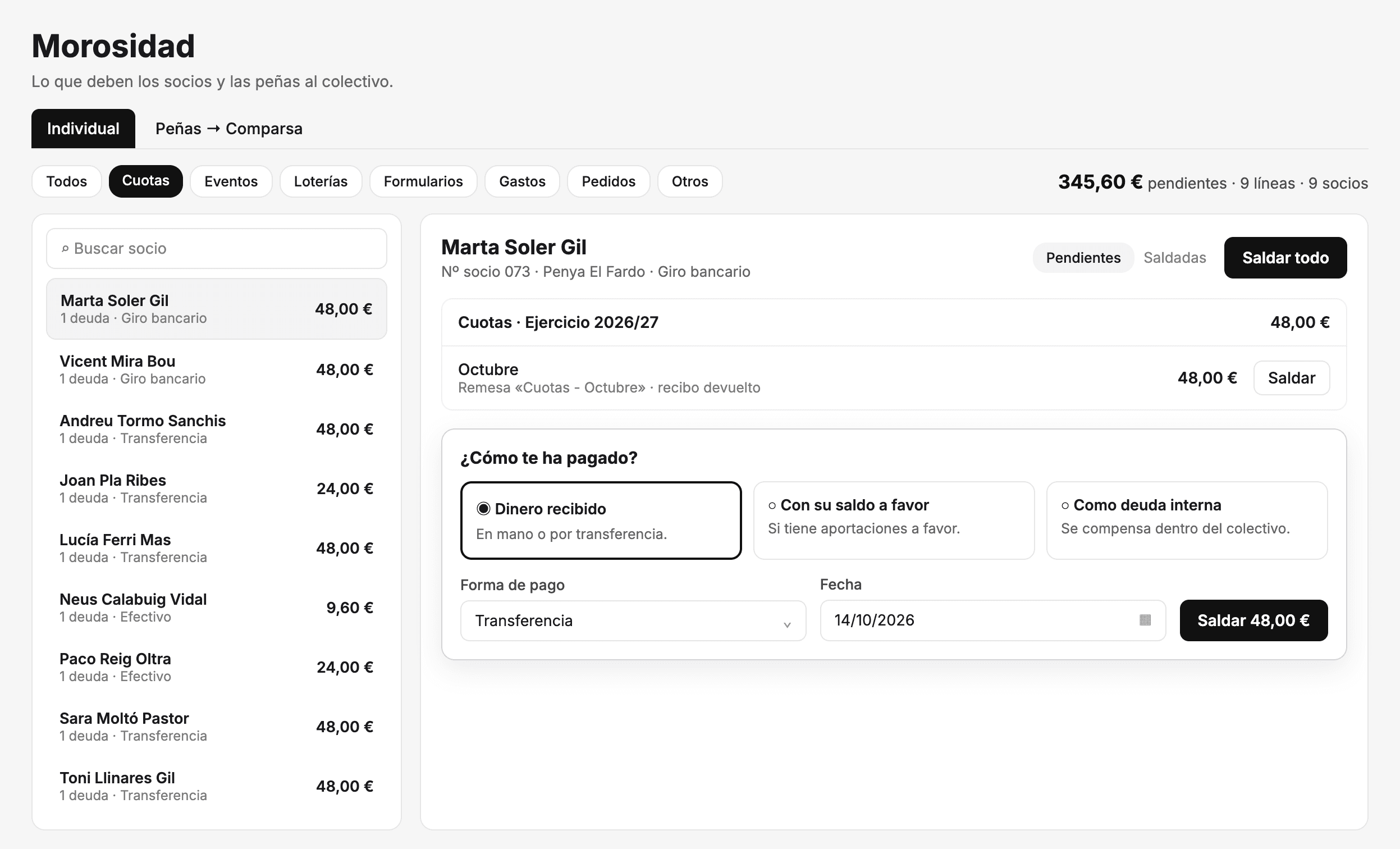 Morosidad en el panel, filtrada por cuotas: 345,60 € pendientes de 9 socios, la lista de socios con su deuda y, a la derecha, la cuota de octubre de Marta Soler con el recibo devuelto y el diálogo para saldarla como dinero recibido por transferencia
