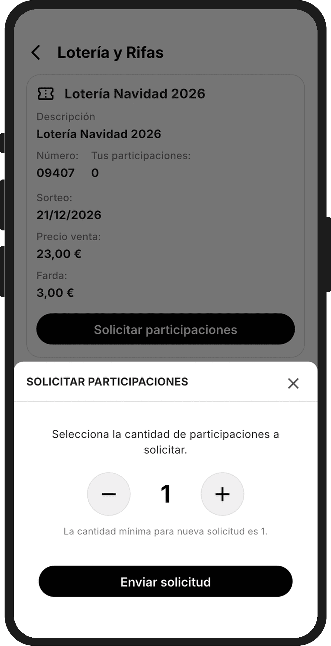 Ventana para solicitar participaciones con el selector de cantidad y el botón de enviar