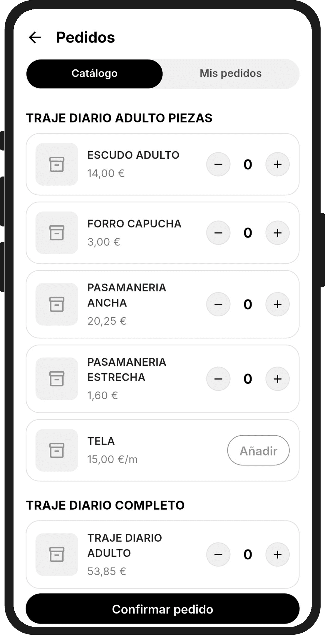 Catálogo de la app con los productos agrupados por familias, con su precio y su selector de cantidad