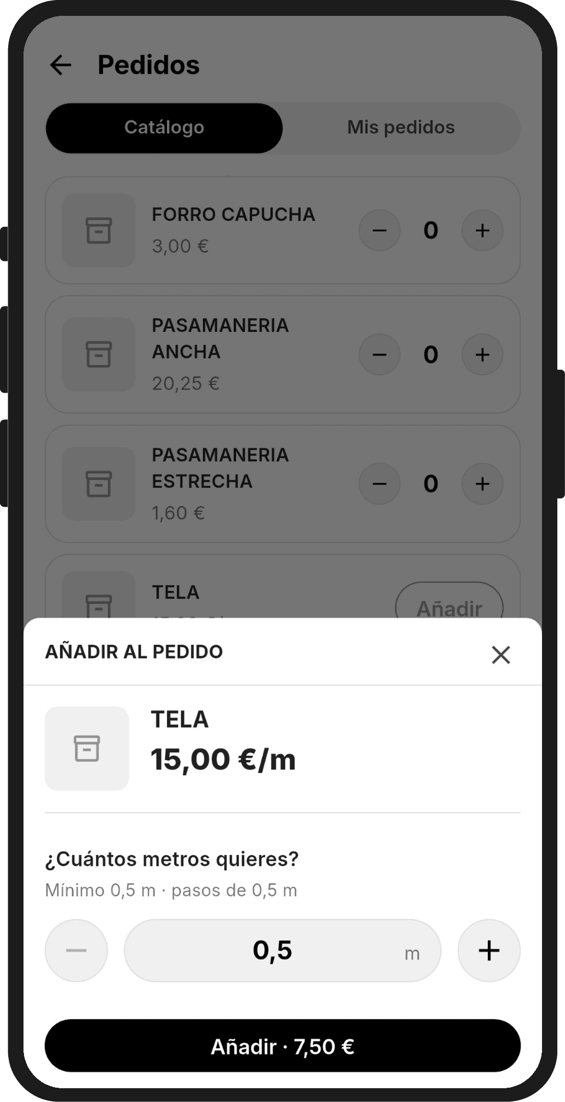 Ventana de la tela a 15 euros el metro, con los metros que se quieren, el mínimo y el importe