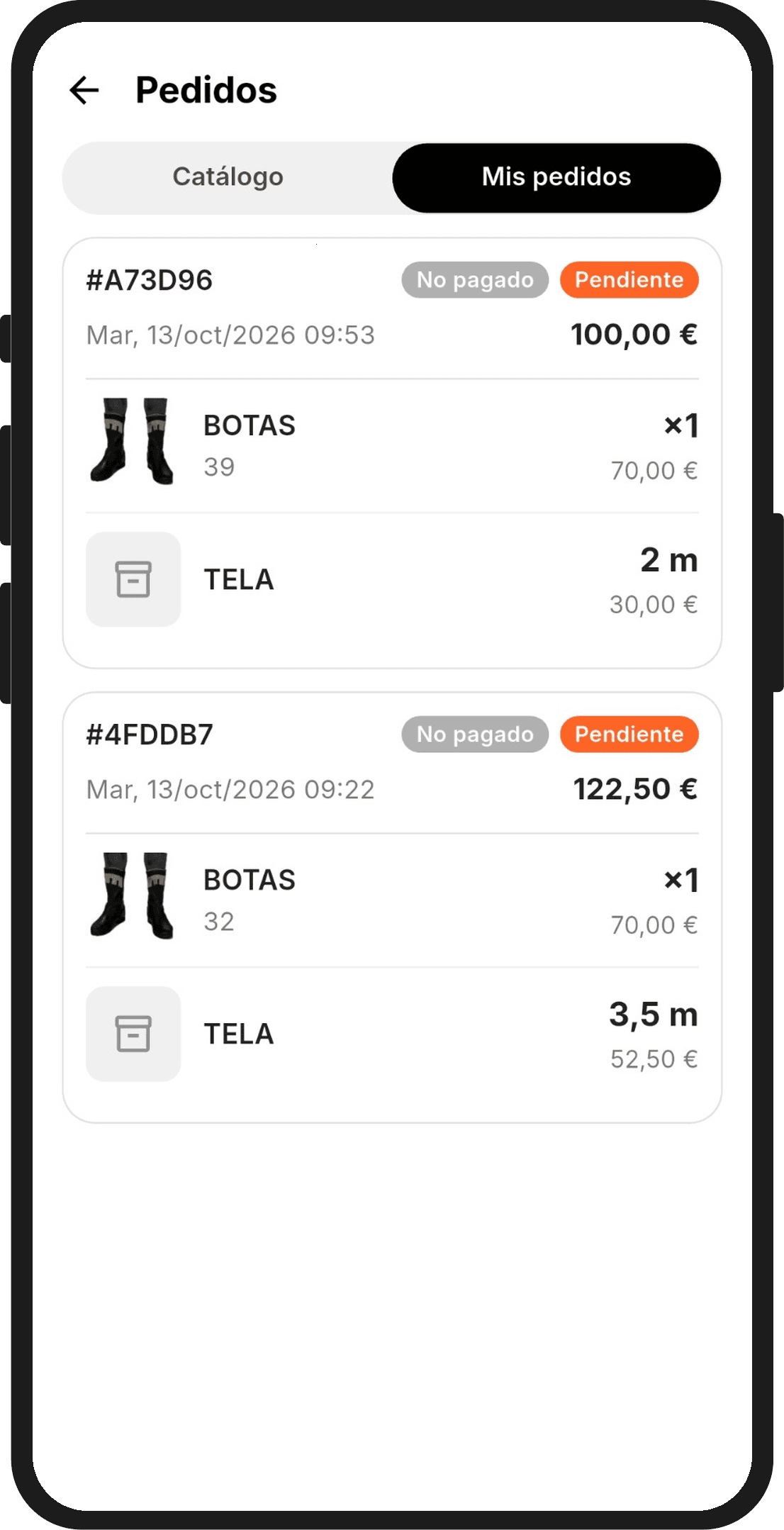 Mis pedidos en la app con cada pedido, su importe, su estado de pago y de preparación y sus líneas con talla y cantidad