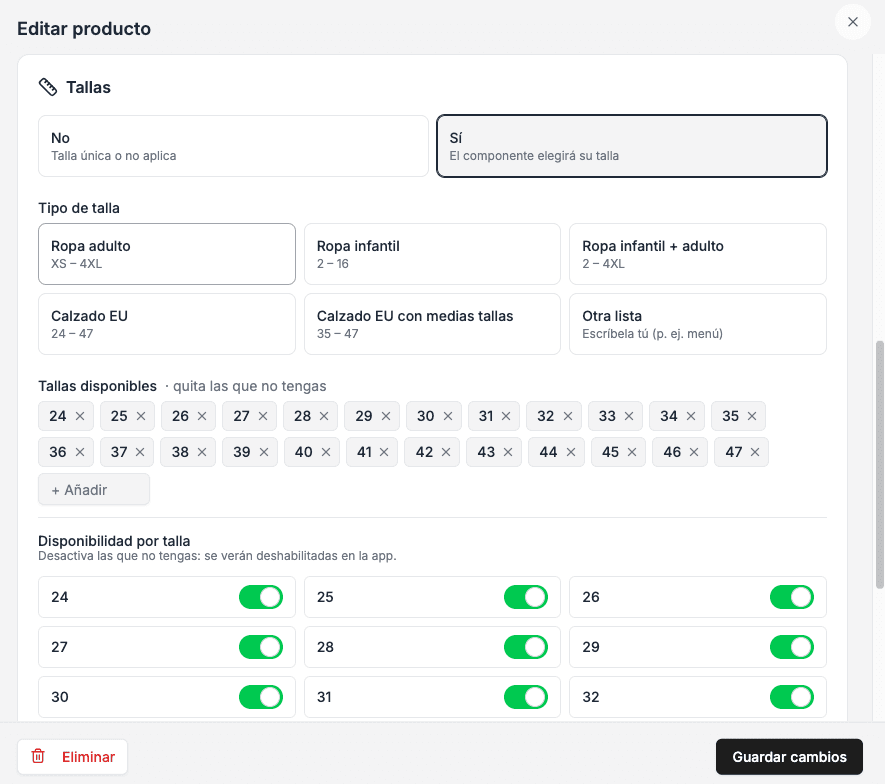 Edición de un producto con tallas: tipos de talla, tallas disponibles y su disponibilidad