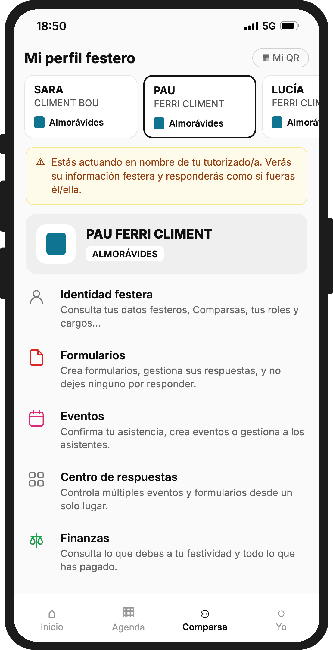 Mi perfil festero en la app con las tarjetas de Sara, Pau y Lucía, la de Pau seleccionada, el aviso Estás actuando en nombre de tu tutorizado/a, la cabecera de Pau Ferri Climent de los Almorávides y los accesos a Identidad festera, Formularios, Eventos, Centro de respuestas y Finanzas