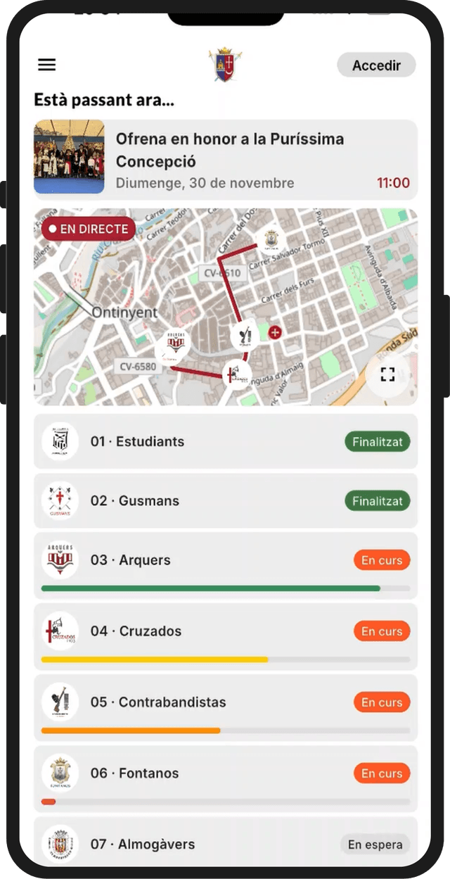 Estado en directo del desfile con progreso de comparsas
