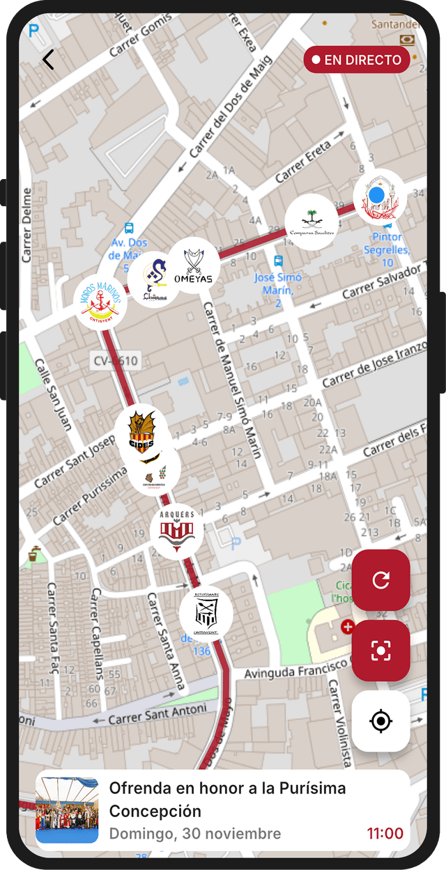 Mapa en directo del desfile con posiciones de comparsas