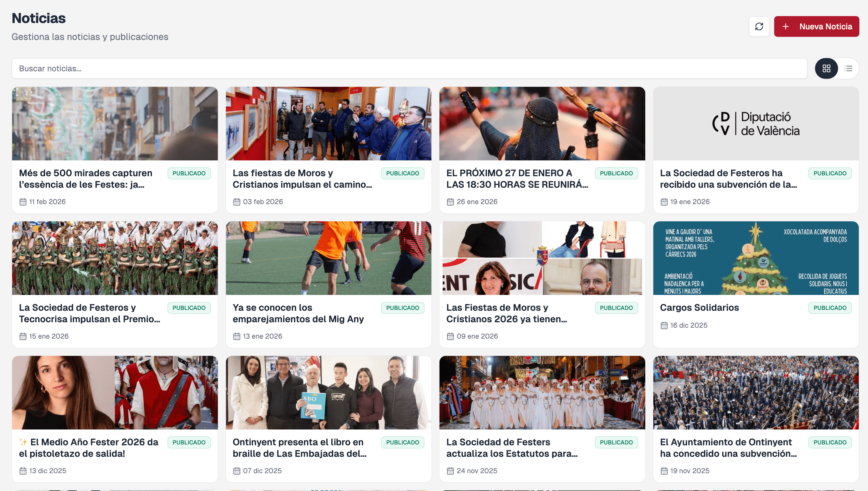 Listado de noticias publicadas en el panel web de Festeo