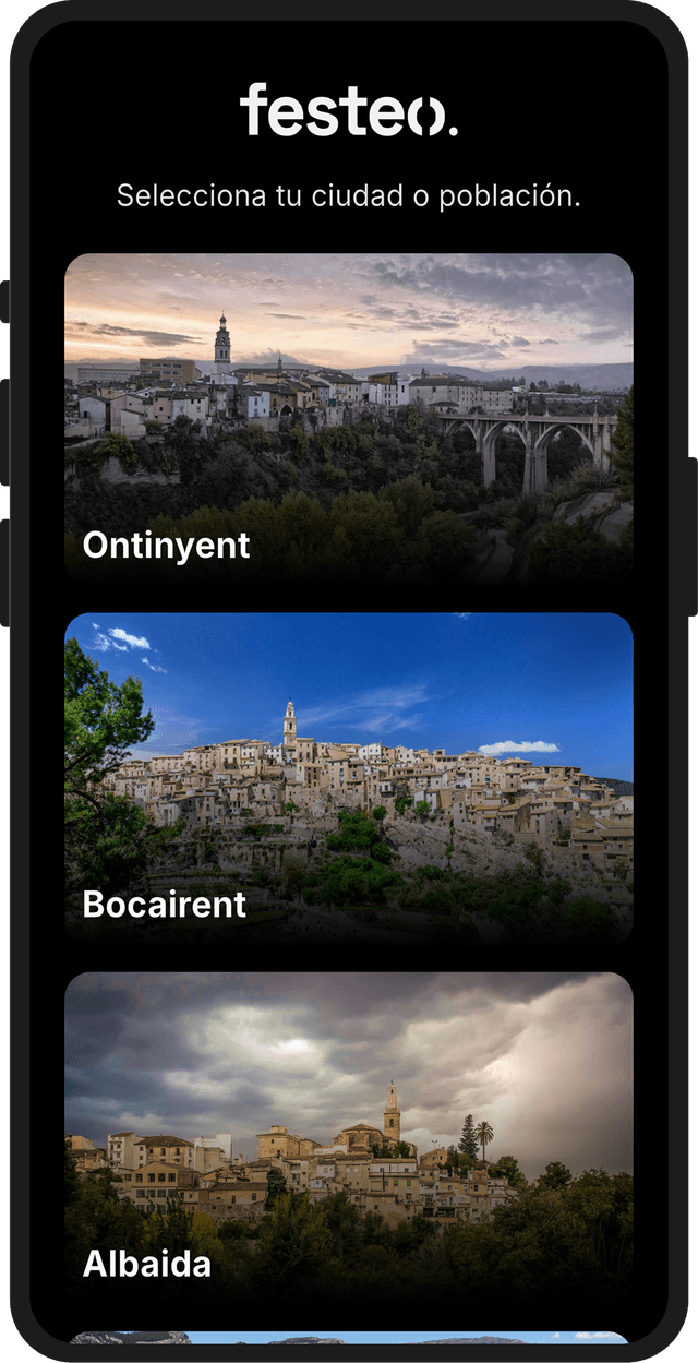 Pantalla de la app festeo mostrando la selección de ciudad: Ontinyent, Bocairent y Albaida