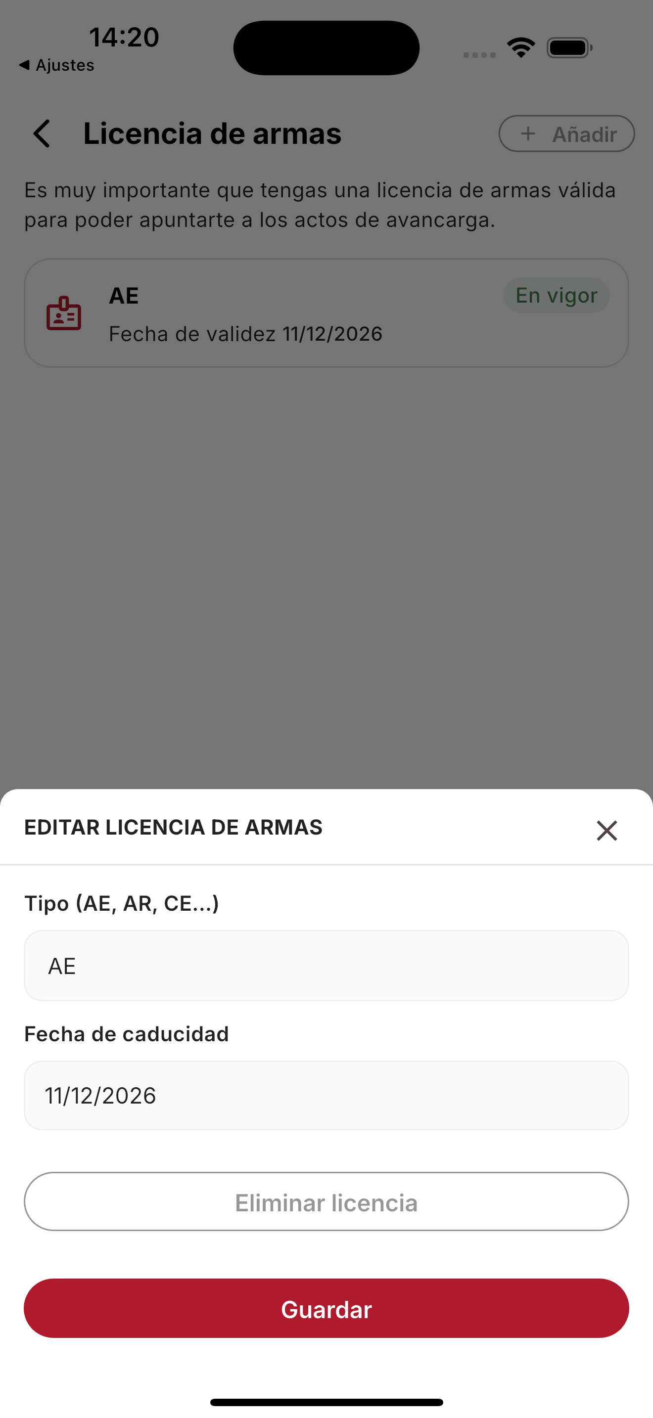 Pantalla Licencia de armas con una licencia en vigor y botón Añadir