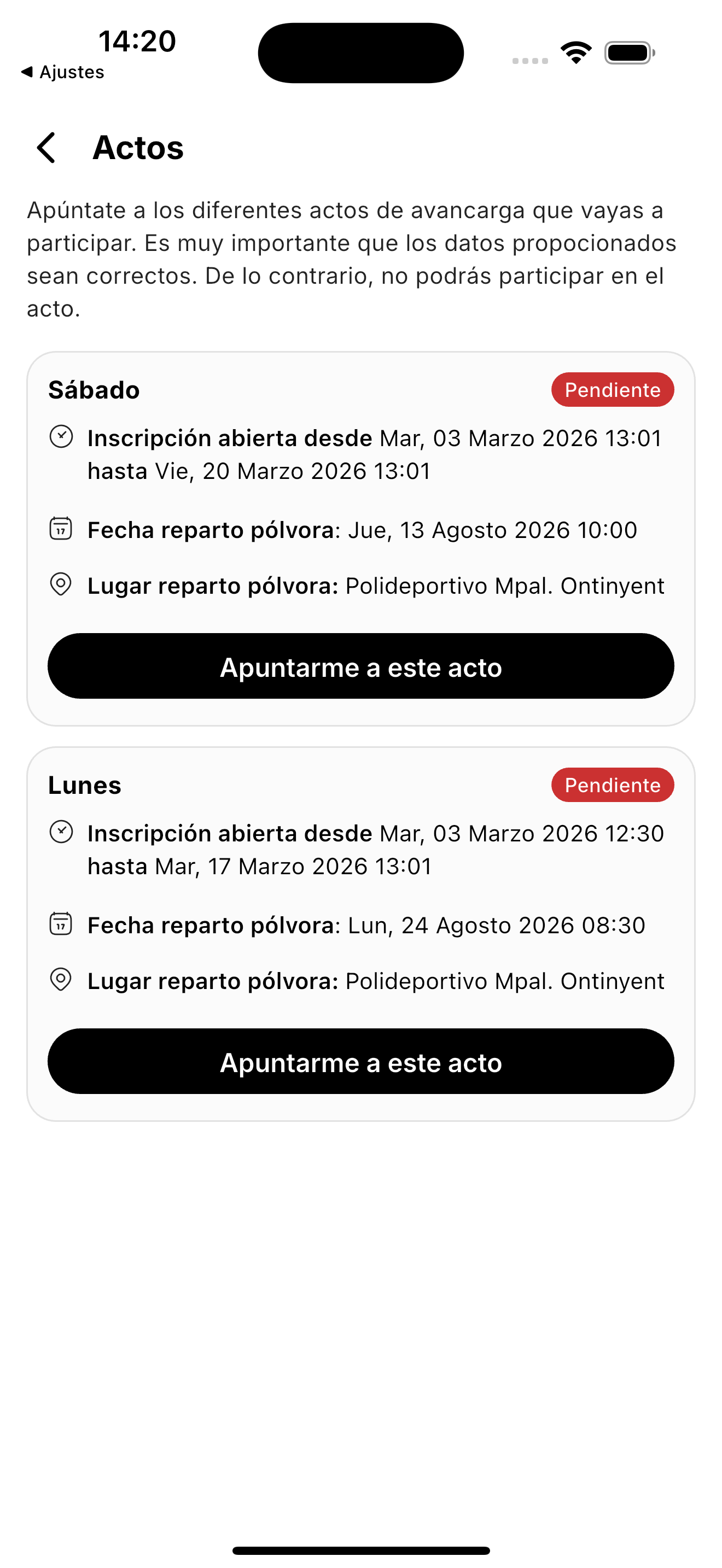 Listado de actos con periodo de inscripción, fecha y lugar de reparto de pólvora y botón Apuntarme a este acto
