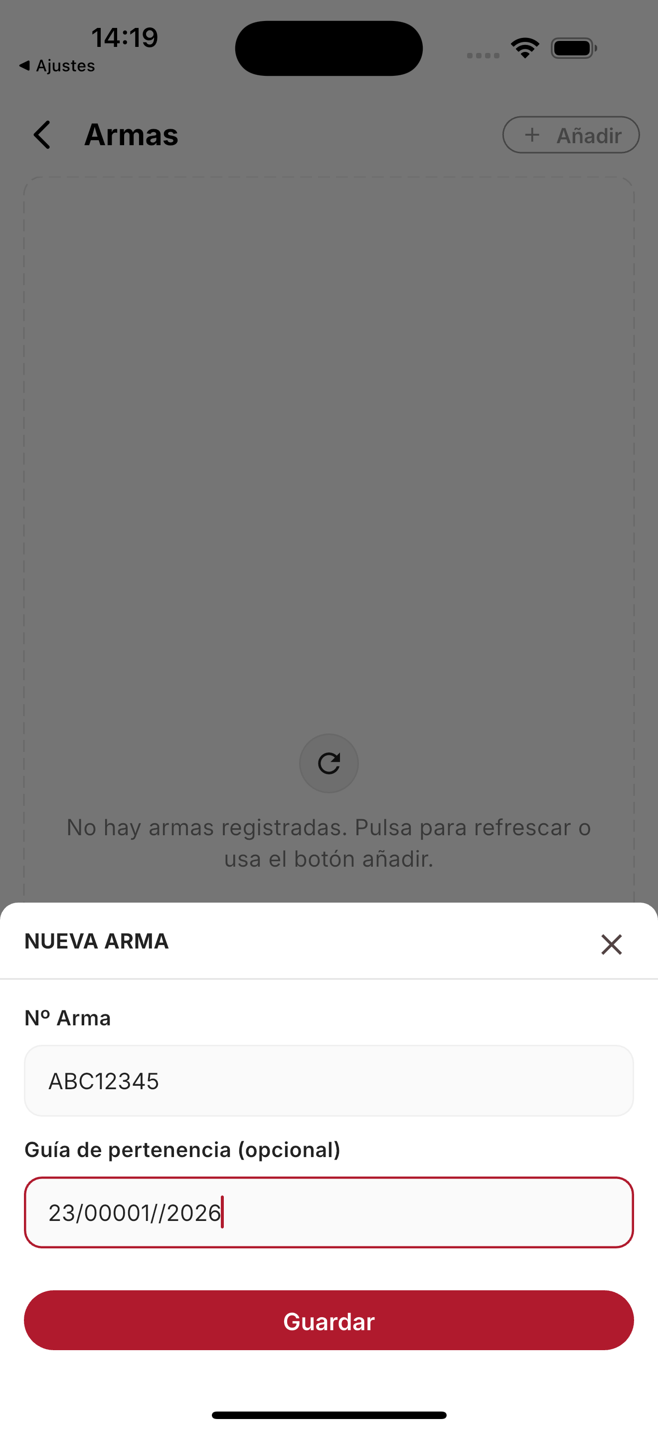 Modal Nueva arma con Nº de arma y Guía de pertenencia