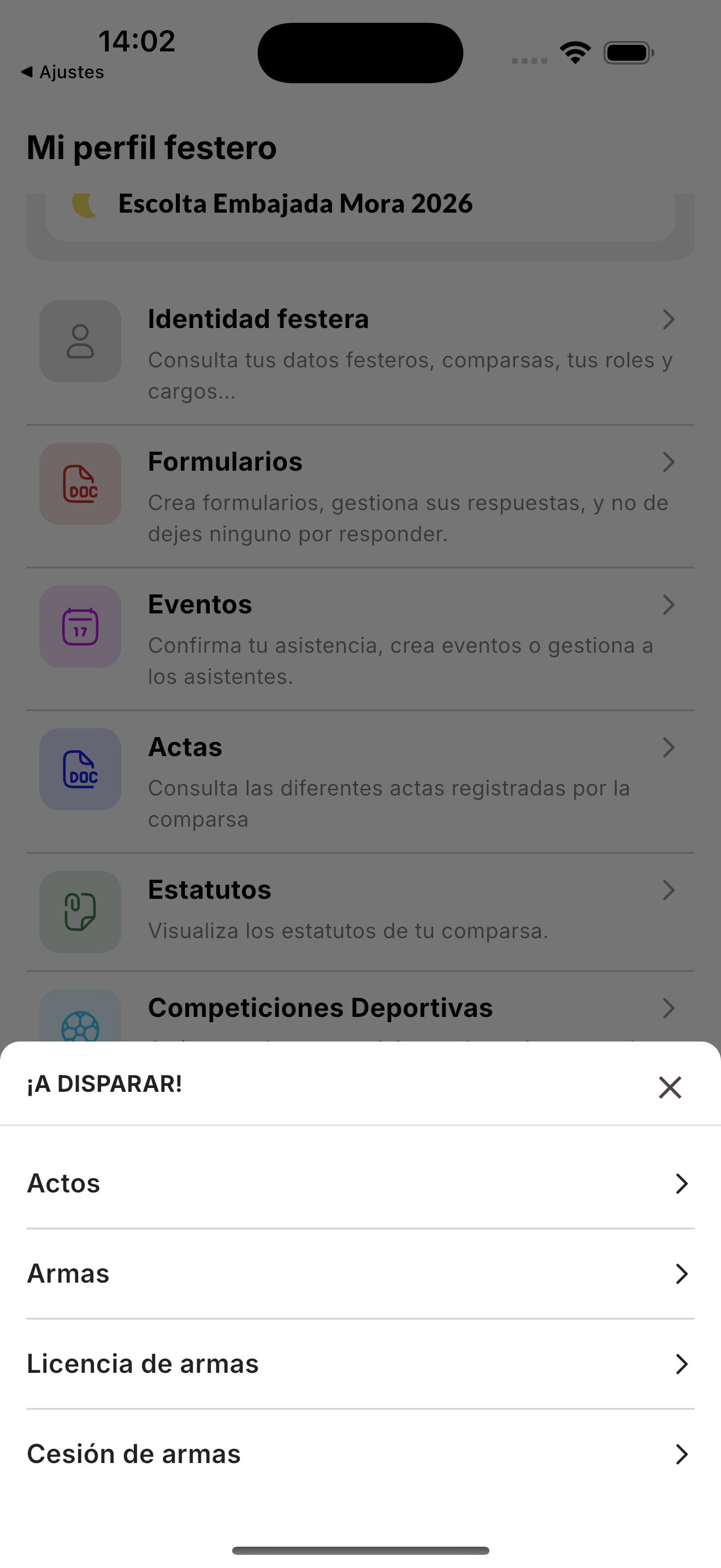 Menú ¡A disparar! con Actos, Armas, Licencia de armas y Cesión de armas
