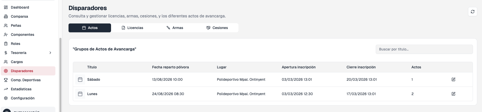 Sección Disparadores en la web admin con pestañas Actos, Licencias, Armas y Cesiones