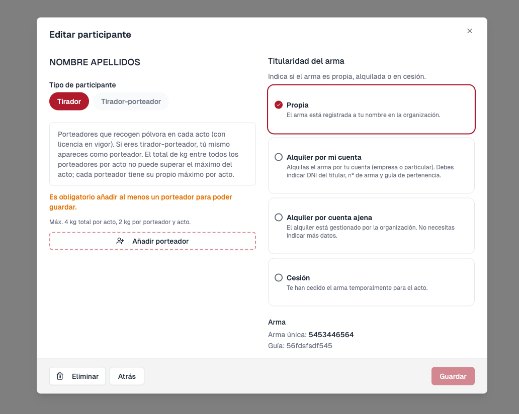 Diálogo Editar participante con tipo de participante, porteadores y titularidad del arma