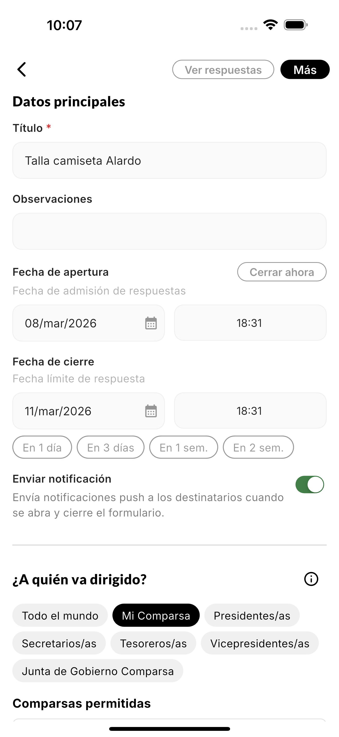 Formulario de datos principales en la app