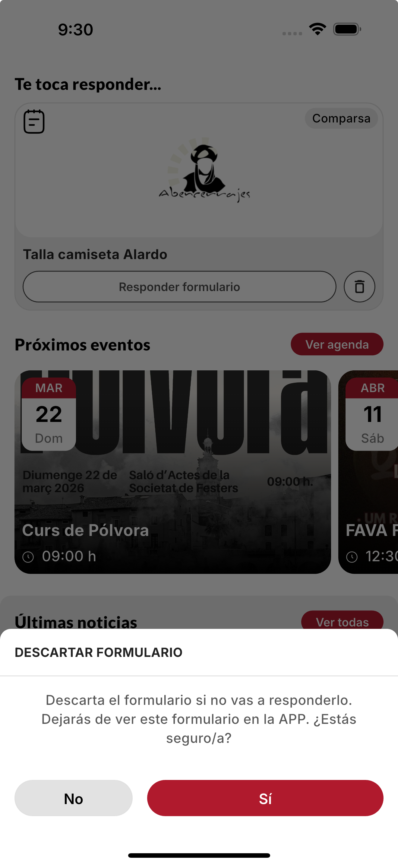 Opción de descartar un formulario en la app