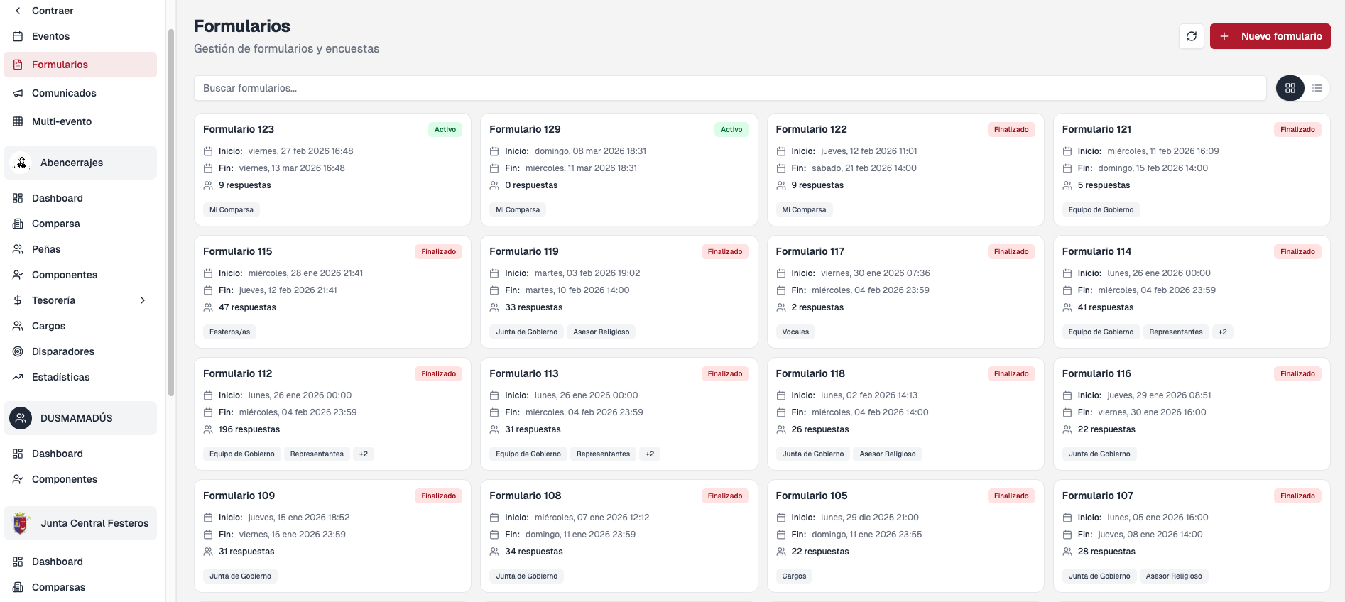 Listado de formularios en el back office