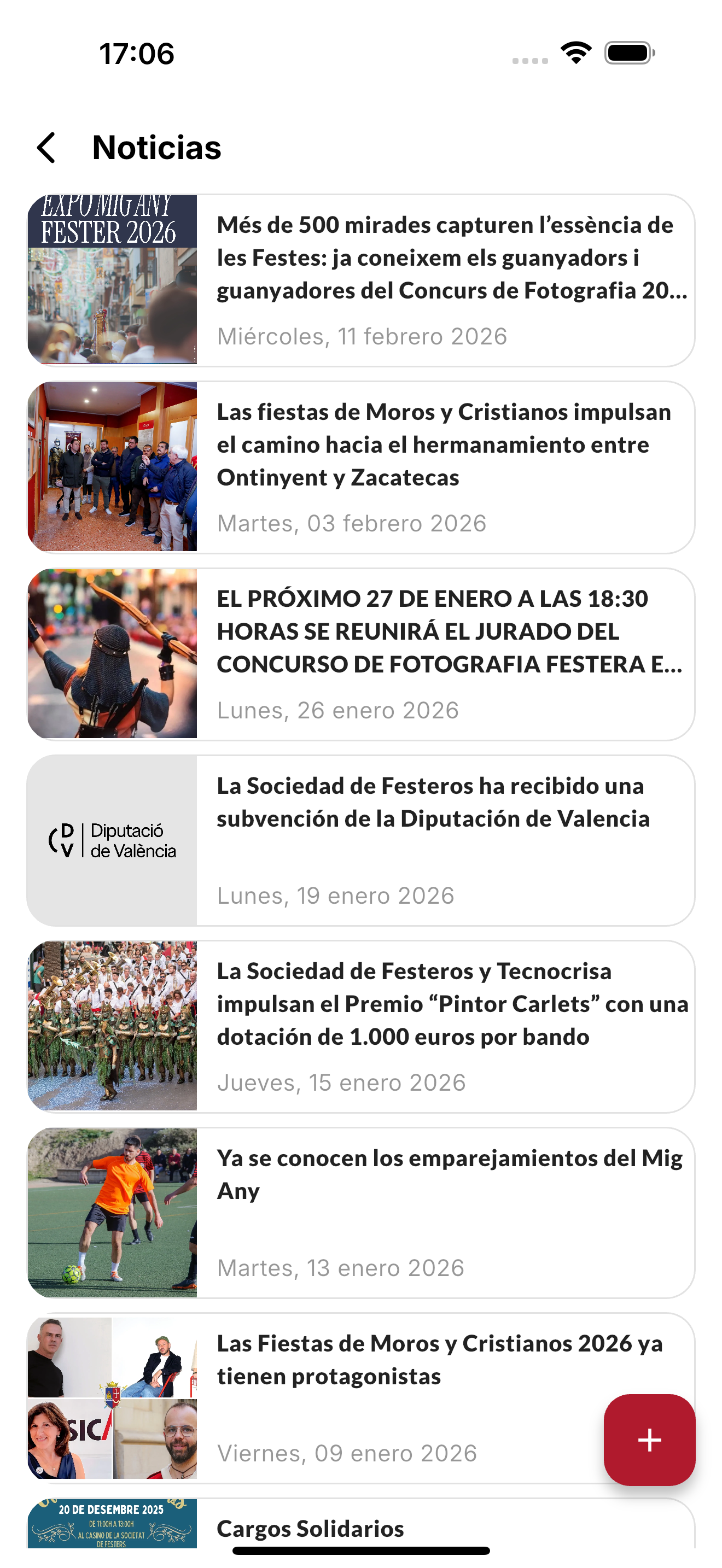 Listado de noticias en la app (vista de gestión)