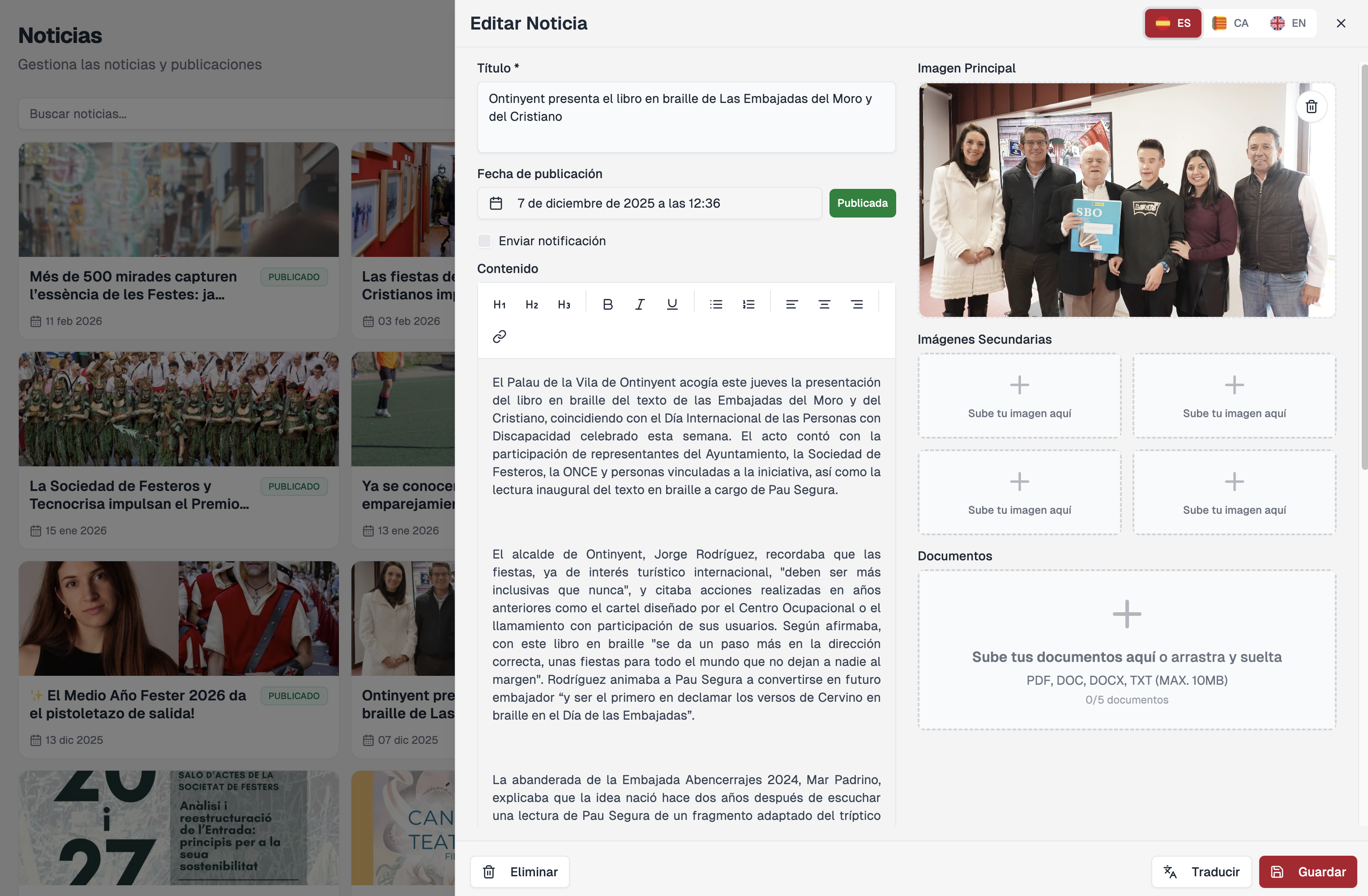 Formulario de edición de noticia en el panel web
