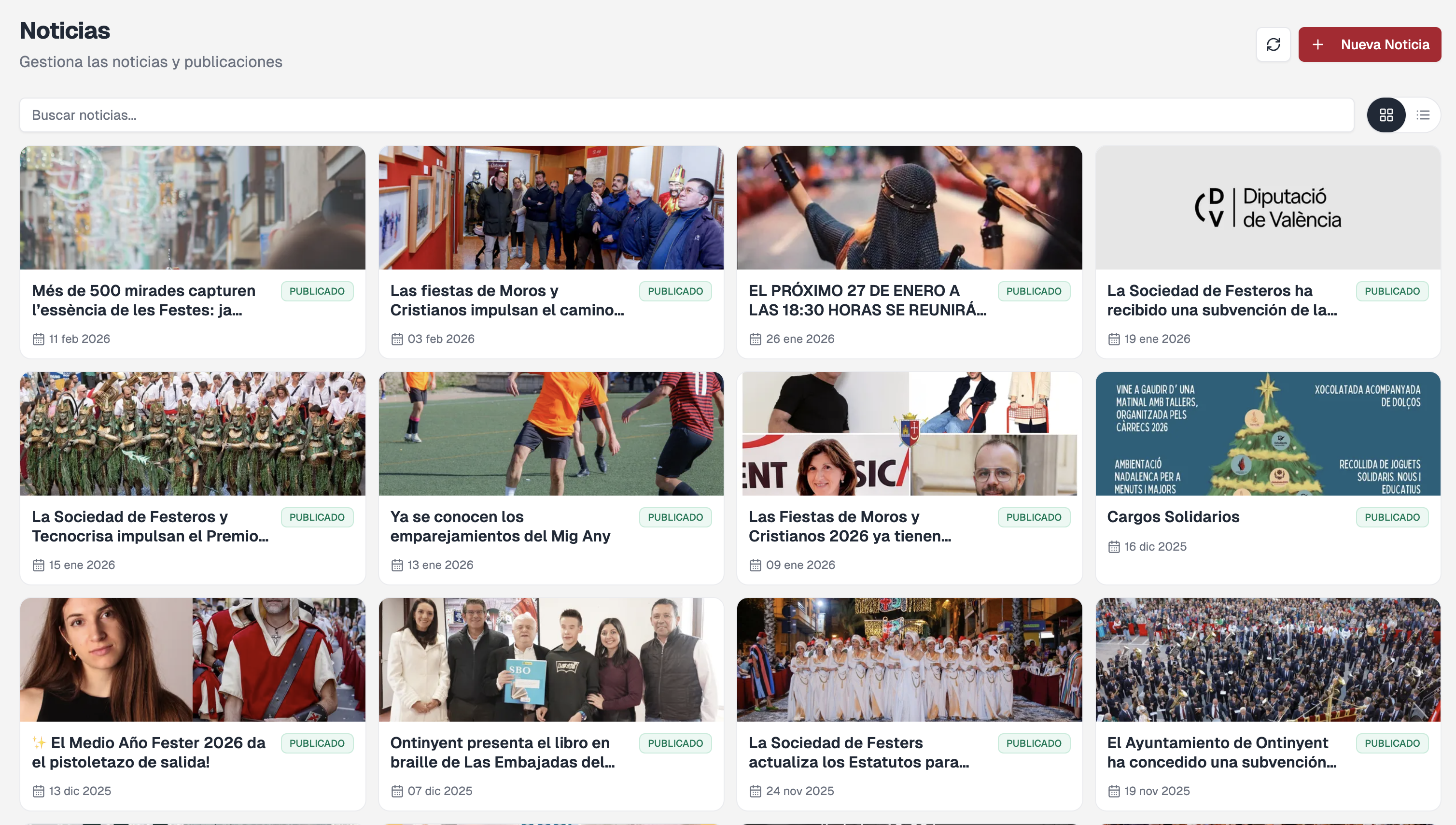 Listado de noticias en el panel web