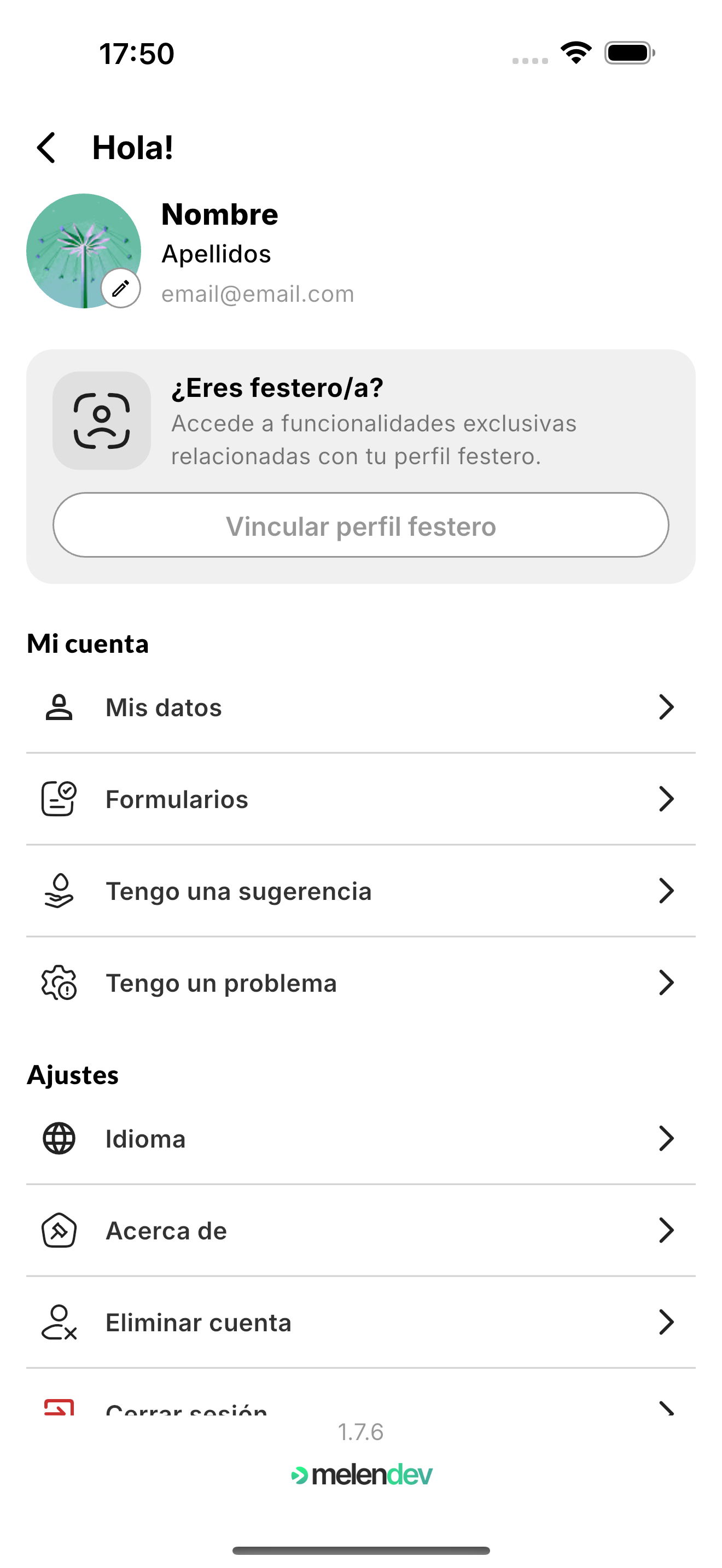Pantalla de vinculación de perfil festero