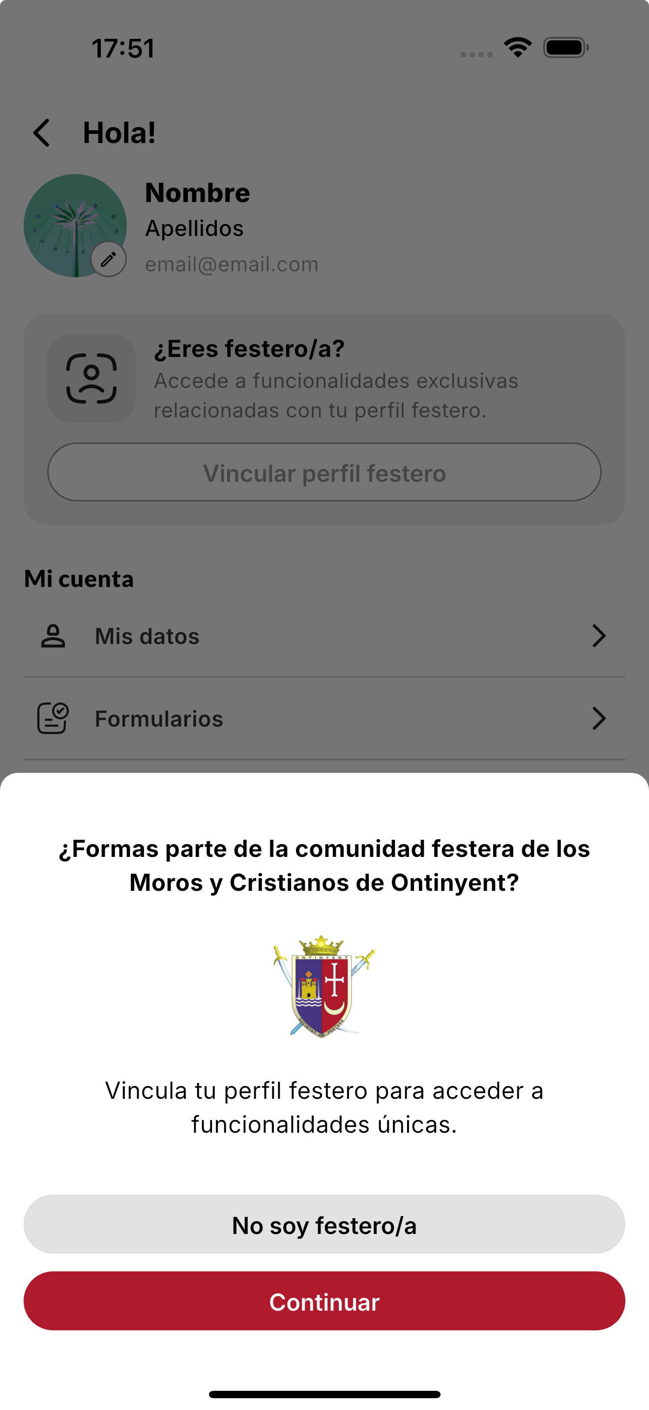 Pantalla de vinculación de perfil festero