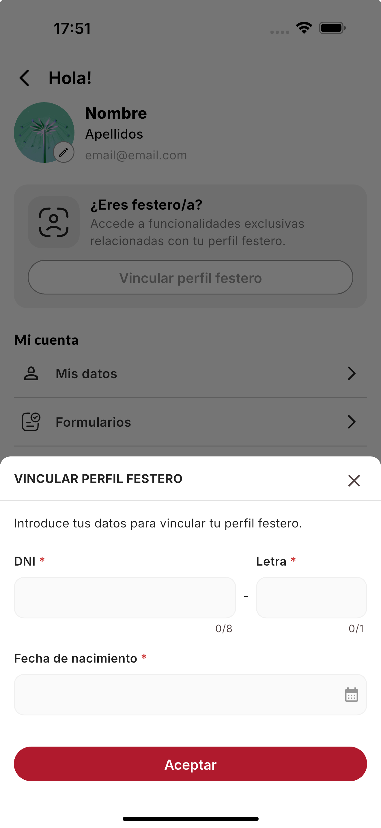 Pantalla de vinculación de perfil festero