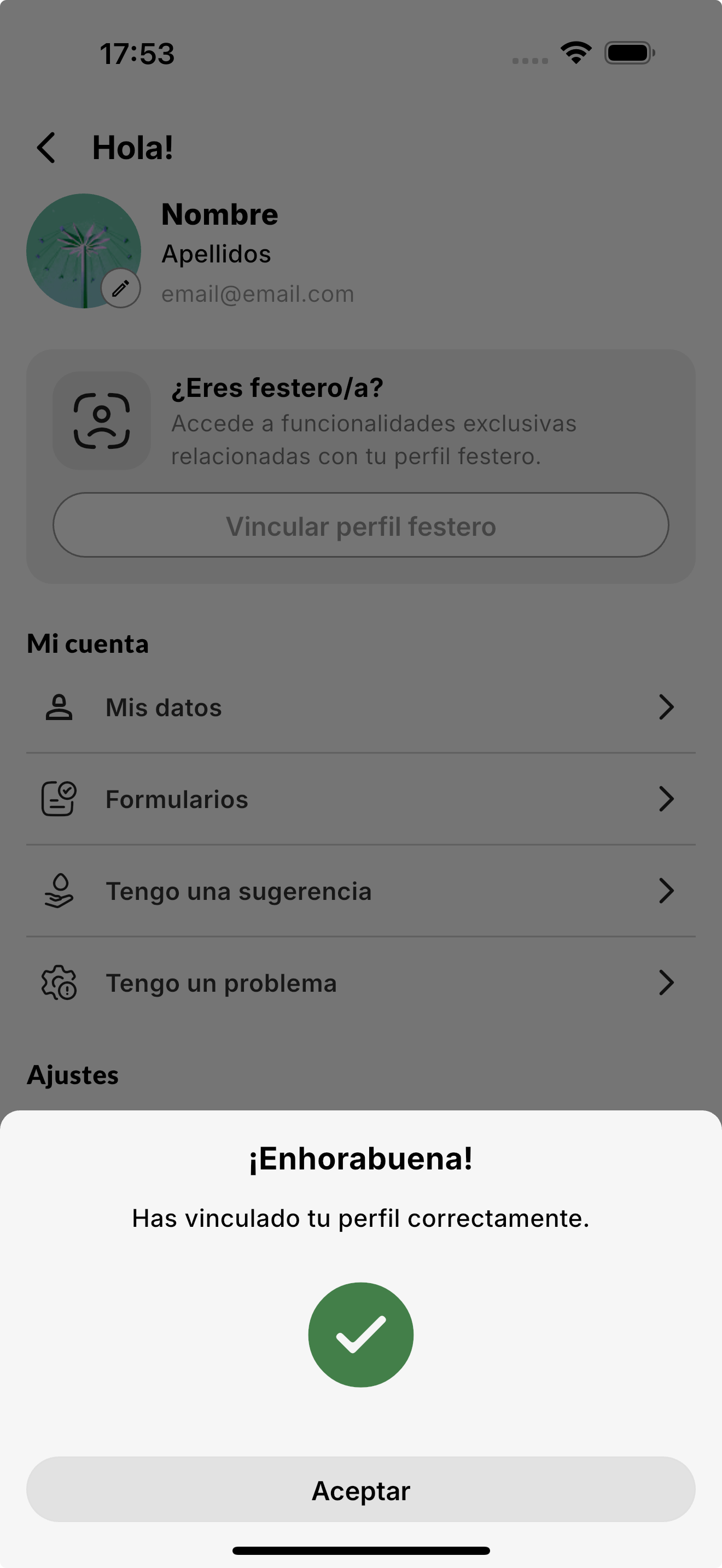 Pantalla de vinculación de perfil festero